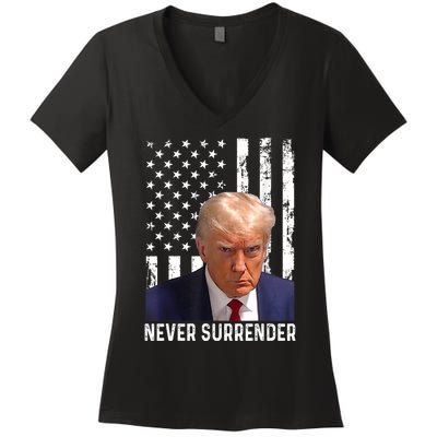 Trump Mug Shot Donald Trump Mug Shot Never Surrender Women's V-Neck T-Shirt