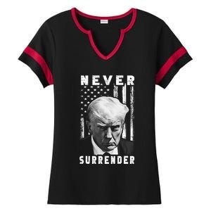 Trump Mug Shot Donald Trump Mug Shot Never Surrender Pro Trump Ladies Halftime Notch Neck Tee