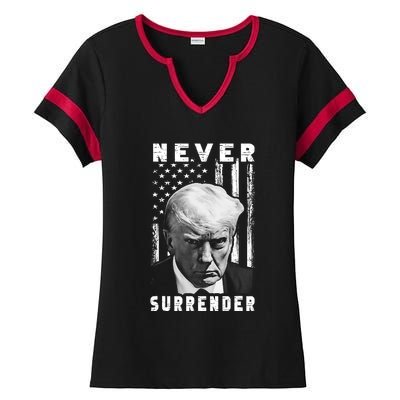 Trump Mug Shot Donald Trump Mug Shot Never Surrender Pro Trump Ladies Halftime Notch Neck Tee