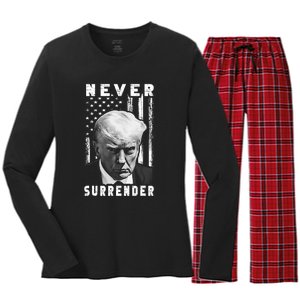 Trump Mug Shot Donald Trump Mug Shot Never Surrender Pro Trump Women's Long Sleeve Flannel Pajama Set 