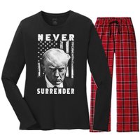 Trump Mug Shot Donald Trump Mug Shot Never Surrender Pro Trump Women's Long Sleeve Flannel Pajama Set 