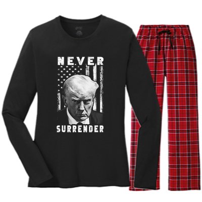 Trump Mug Shot Donald Trump Mug Shot Never Surrender Pro Trump Women's Long Sleeve Flannel Pajama Set 