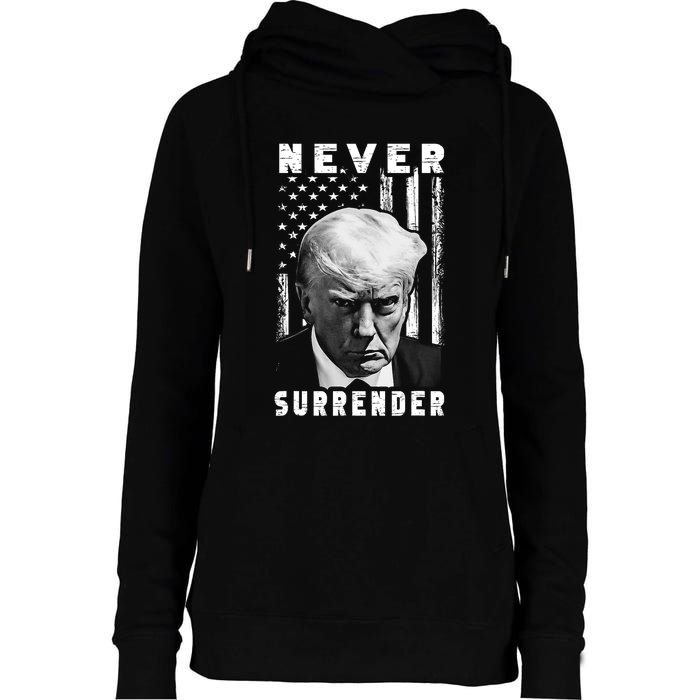 Trump Mug Shot Donald Trump Mug Shot Never Surrender Pro Trump Womens Funnel Neck Pullover Hood