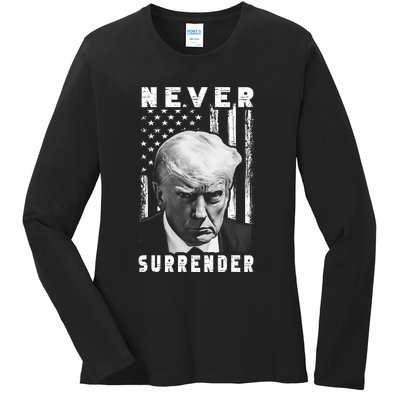 Trump Mug Shot Donald Trump Mug Shot Never Surrender Pro Trump Ladies Long Sleeve Shirt