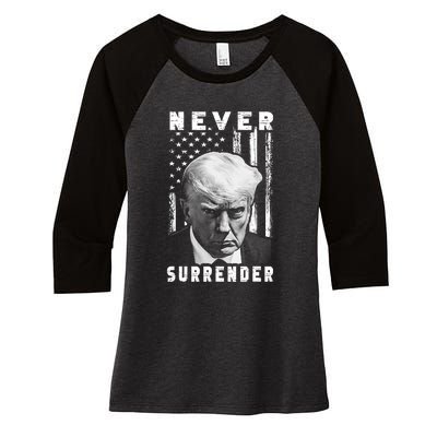 Trump Mug Shot Donald Trump Mug Shot Never Surrender Pro Trump Women's Tri-Blend 3/4-Sleeve Raglan Shirt