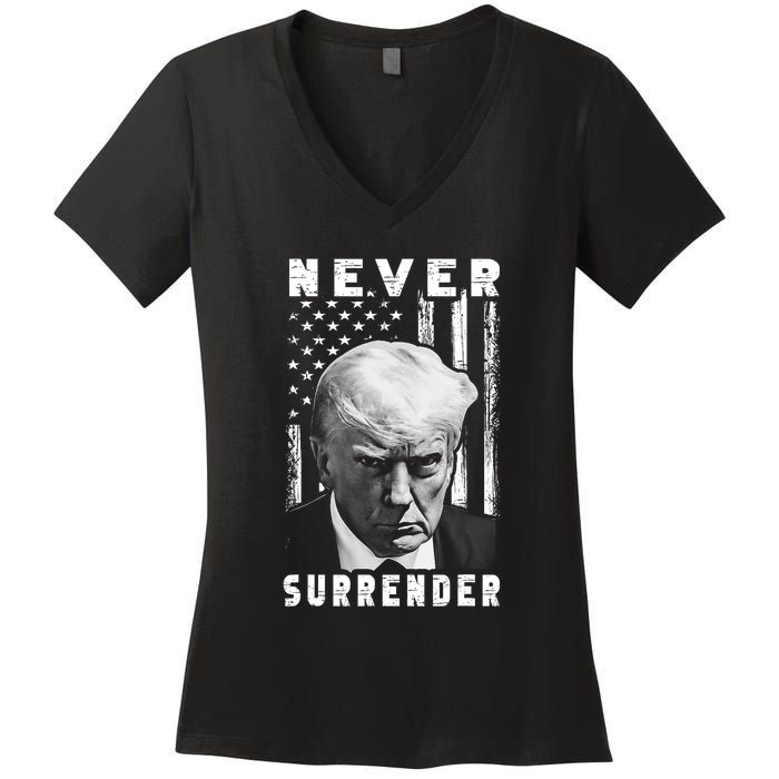 Trump Mug Shot Donald Trump Mug Shot Never Surrender Pro Trump Women's V-Neck T-Shirt