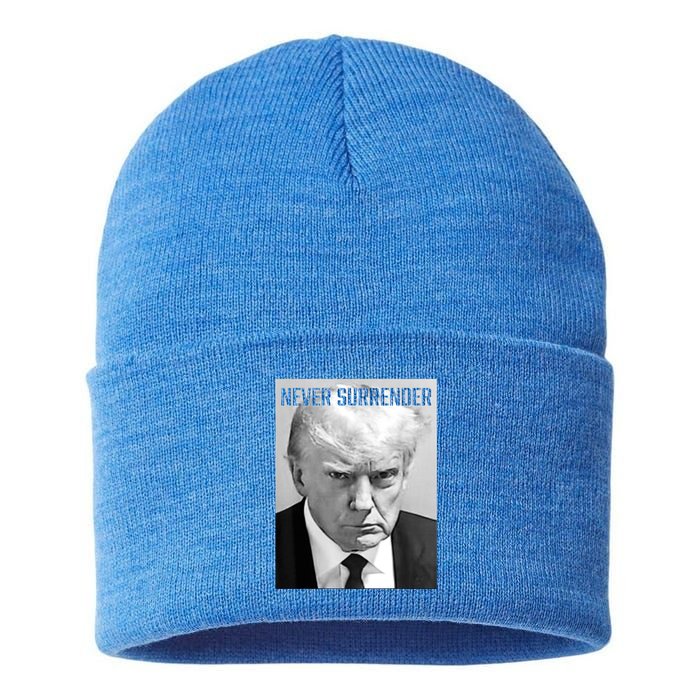 Trump Mug Shot Donald Trump Mug Shot Never Surrender Funny Gift Sustainable Knit Beanie