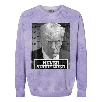 Trump Mug Shot - Donald Trump Mug Shot - Never Surrender Colorblast Crewneck Sweatshirt