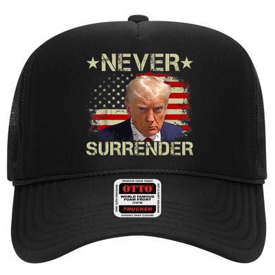 Trump Mug Shot Never Surrender Pro Trump American Flag High Crown Mesh Back Trucker Hat