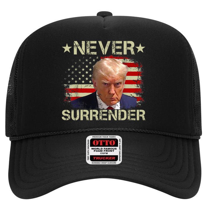 Trump Mug Shot Never Surrender Pro Trump American Flag High Crown Mesh Back Trucker Hat