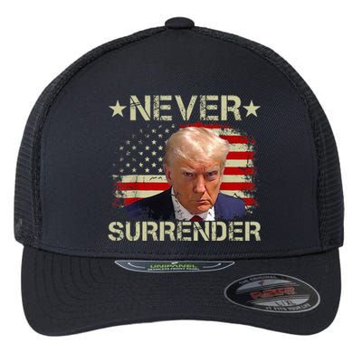 Trump Mug Shot Never Surrender Pro Trump American Flag Flexfit Unipanel Trucker Cap