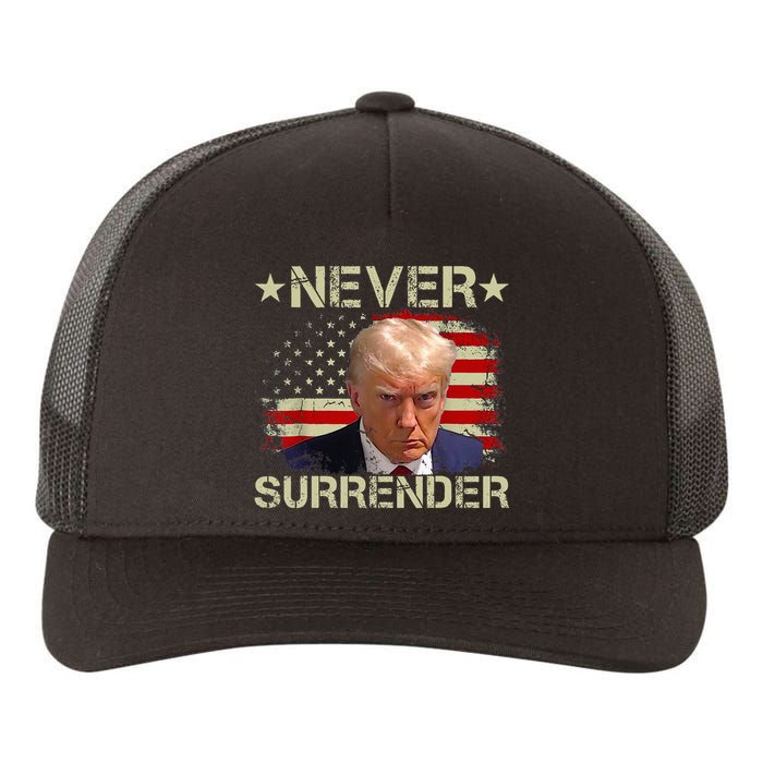 Trump Mug Shot Never Surrender Pro Trump American Flag Yupoong Adult 5-Panel Trucker Hat