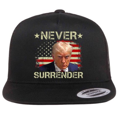 Trump Mug Shot Never Surrender Pro Trump American Flag Flat Bill Trucker Hat