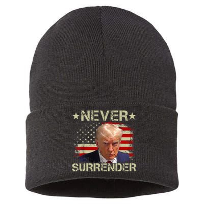 Trump Mug Shot Never Surrender Pro Trump American Flag Sustainable Knit Beanie