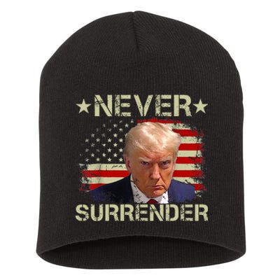 Trump Mug Shot Never Surrender Pro Trump American Flag Short Acrylic Beanie