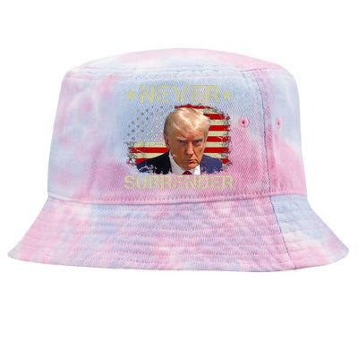 Trump Mug Shot Never Surrender Pro Trump American Flag Tie-Dyed Bucket Hat