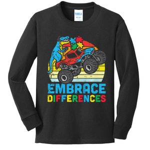 Trex Monster Truck Embrace Differences Autism Awareness Kids Long Sleeve Shirt