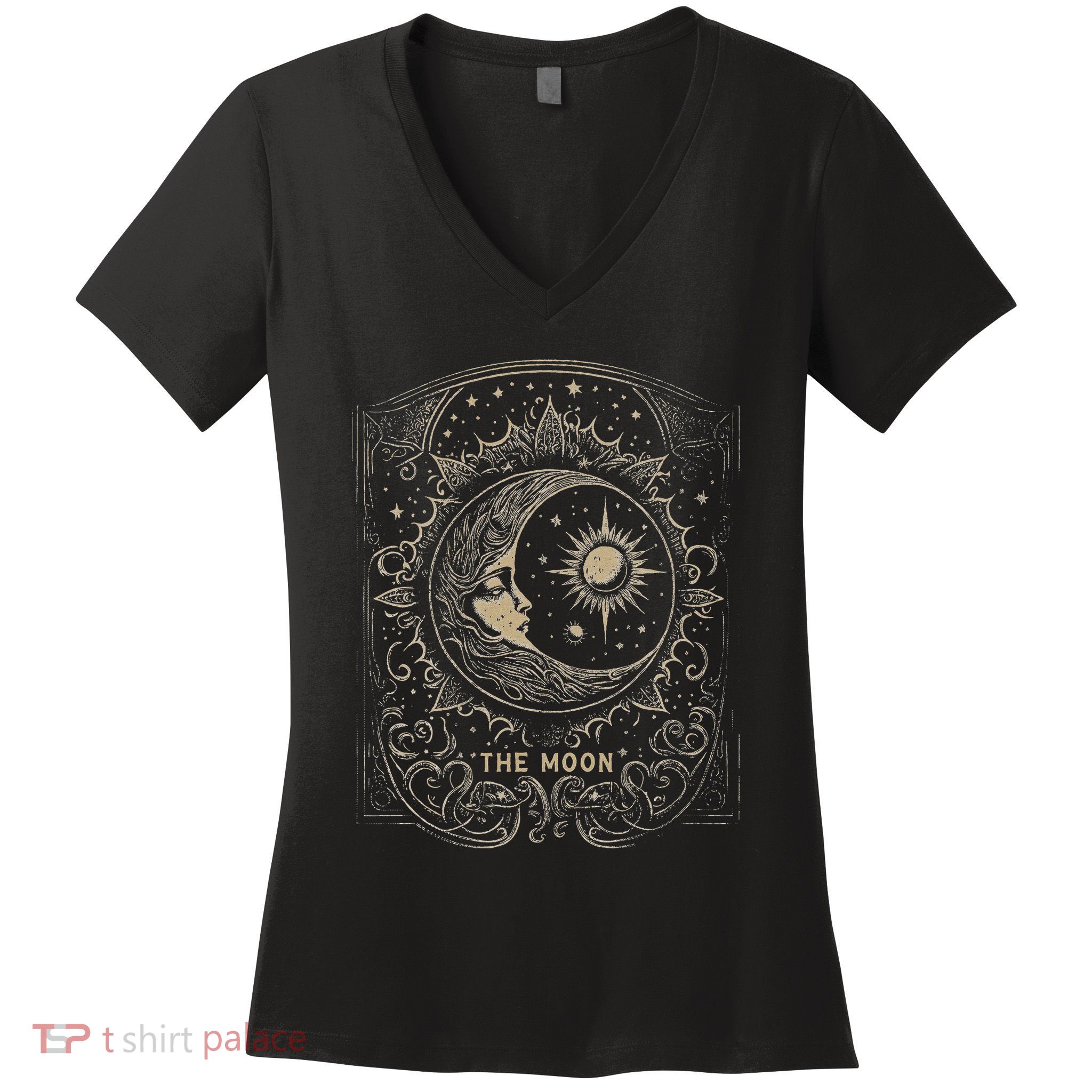 The Moon Tarot Card Goth Emo Occult Graphic Women Women's V-Neck T-Shirt