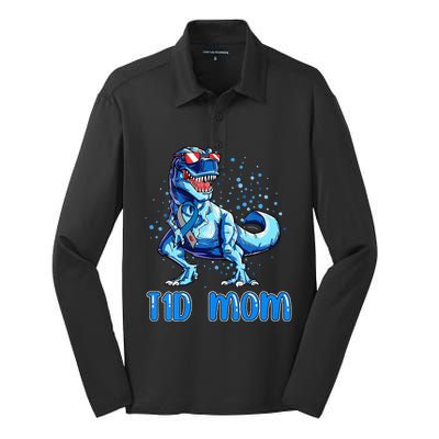 T1D Mom Type 1 Diabetes Ribbon T Rex Dinosaur Silk Touch Performance Long Sleeve Polo