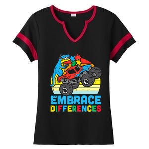 Trex Monster Truck Embrace Differences Autism Awareness Boys Ladies Halftime Notch Neck Tee