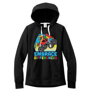 Trex Monster Truck Embrace Differences Autism Awareness Boys Women's Fleece Hoodie