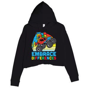 Trex Monster Truck Embrace Differences Autism Awareness Boys Crop Fleece Hoodie