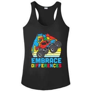 Trex Monster Truck Embrace Differences Autism Awareness Boys Ladies PosiCharge Competitor Racerback Tank