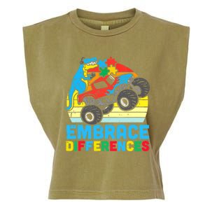 Trex Monster Truck Embrace Differences Autism Awareness Boys Garment-Dyed Women's Muscle Tee