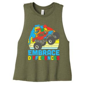 Trex Monster Truck Embrace Differences Autism Awareness Boys Women's Racerback Cropped Tank