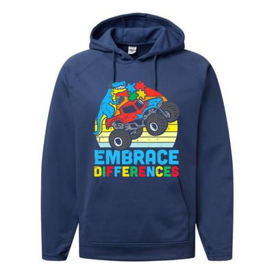 Trex Monster Truck Embrace Differences Autism Awareness Boys Performance Fleece Hoodie