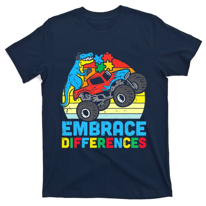 Trex Monster Truck Embrace Differences Autism Awareness Boys T-Shirt