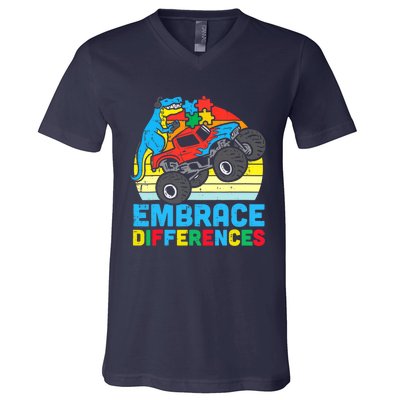 Trex Monster Truck Embrace Differences Autism Awareness Boys V-Neck T-Shirt