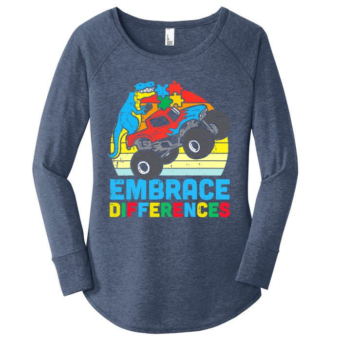 Trex Monster Truck Embrace Differences Autism Awareness Boys Women's Perfect Tri Tunic Long Sleeve Shirt