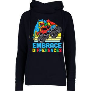 Trex Monster Truck Embrace Differences Autism Awareness Boys Womens Funnel Neck Pullover Hood