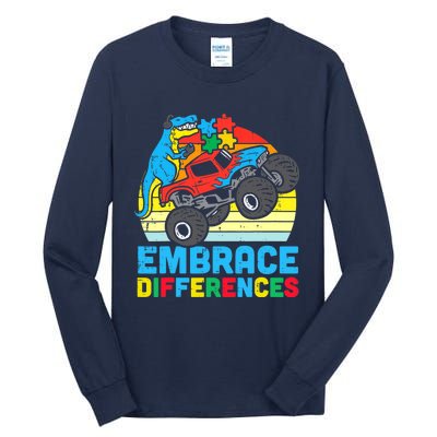 Trex Monster Truck Embrace Differences Autism Awareness Boys Tall Long Sleeve T-Shirt