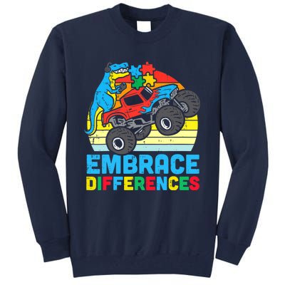 Trex Monster Truck Embrace Differences Autism Awareness Boys Tall Sweatshirt