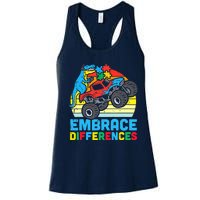 Trex Monster Truck Embrace Differences Autism Awareness Boys Women's Racerback Tank