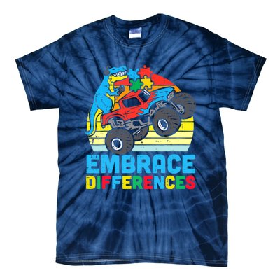 Trex Monster Truck Embrace Differences Autism Awareness Boys Tie-Dye T-Shirt