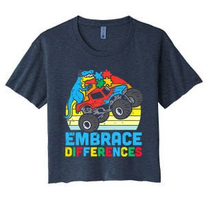 Trex Monster Truck Embrace Differences Autism Awareness Boys Women's Crop Top Tee