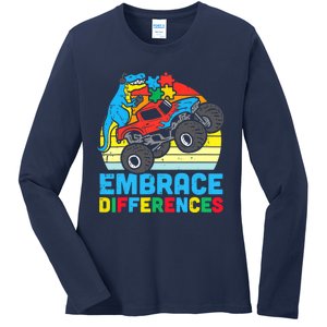 Trex Monster Truck Embrace Differences Autism Awareness Boys Ladies Long Sleeve Shirt