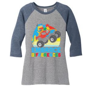 Trex Monster Truck Embrace Differences Autism Awareness Boys Women's Tri-Blend 3/4-Sleeve Raglan Shirt