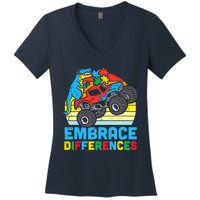 Trex Monster Truck Embrace Differences Autism Awareness Boys Women's V-Neck T-Shirt