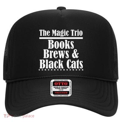 The Magic Trio Books Brews & Black Cats Cozy Caffeine Tea High Crown Mesh Back Trucker Hat