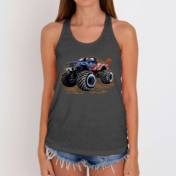 Trumpinator Monster Truck Show Trump USA Flag Women's Knotted Racerback Tank