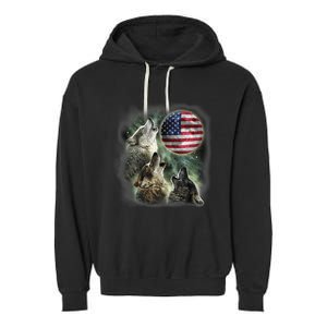 The Mountain Three Wolfs American Flag Moons Garment-Dyed Fleece Hoodie