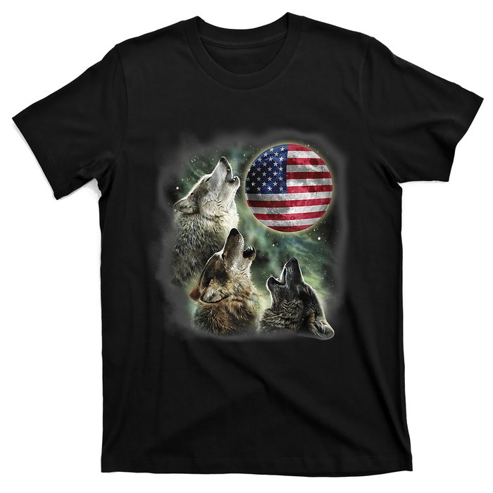 The Mountain Three Wolfs American Flag Moons T-Shirt