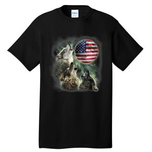 The Mountain Three Wolfs American Flag Moons Tall T-Shirt