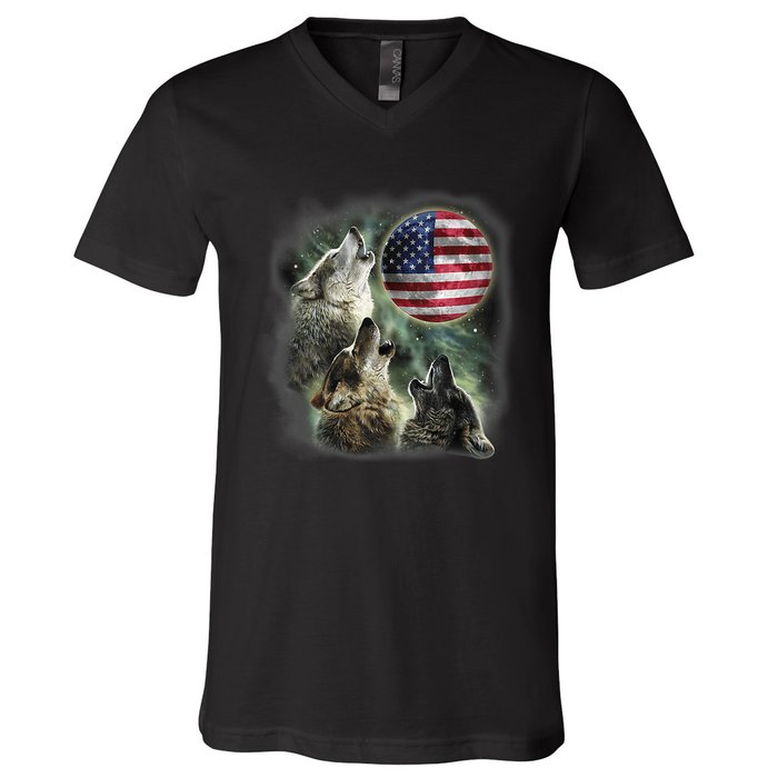 The Mountain Three Wolfs American Flag Moons V-Neck T-Shirt