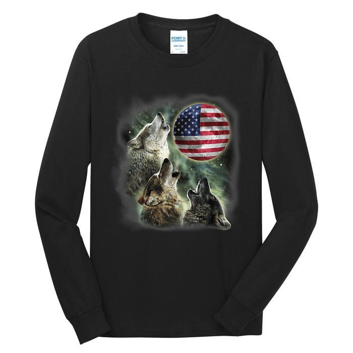 The Mountain Three Wolfs American Flag Moons Tall Long Sleeve T-Shirt