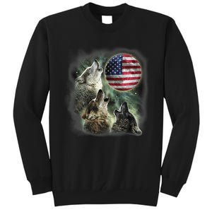 The Mountain Three Wolfs American Flag Moons Tall Sweatshirt